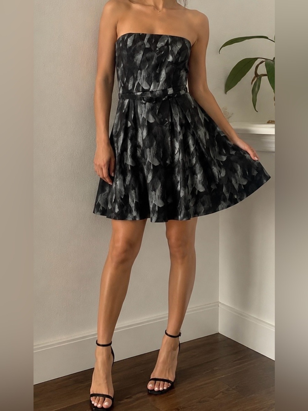 White House Black Market Black and Gray Strapless Fit-and-Flare Dress